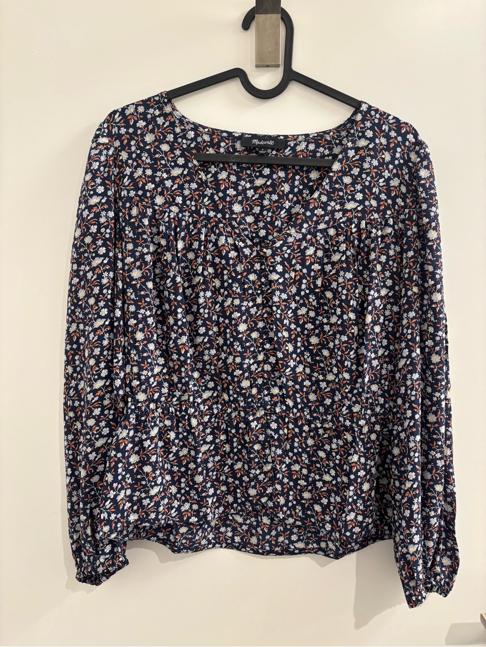 Madewell Navy Floral V-Neck Blouse with Rust Accents